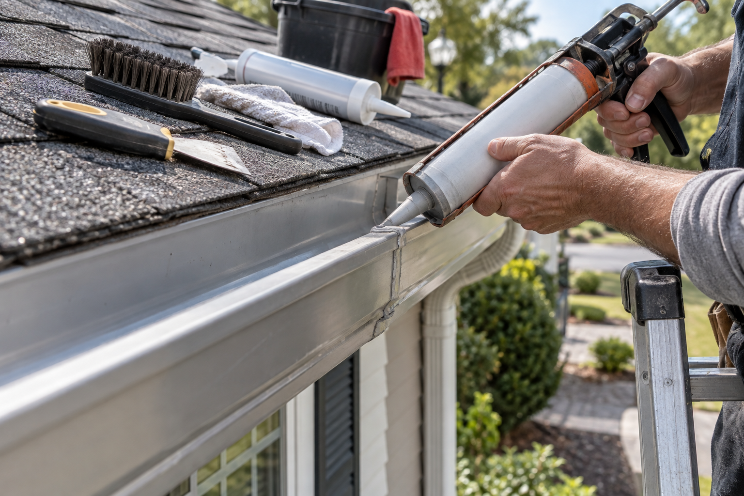 Hands applying exterior sealant to a leaking aluminum gutter seam using a caulking gun during gutter repair