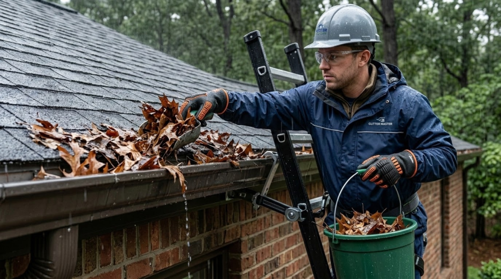 Professional exterior cleaner safely using a ladder and scoop tool to remove debris from a residential roof gutter system.
