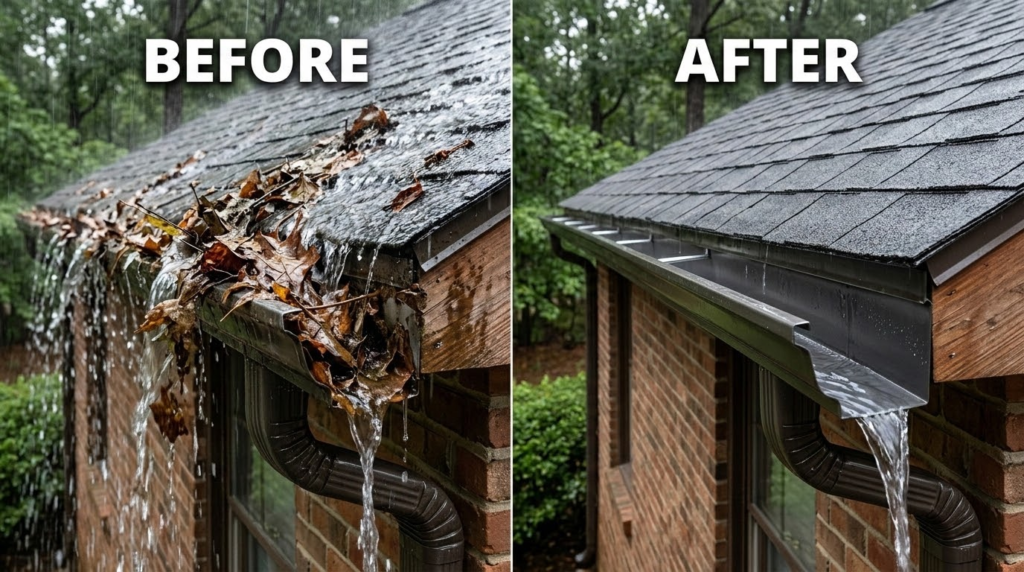 Before and after comparison of a clogged eavestrough filled with autumn leaves and a professionally cleaned gutter channel.