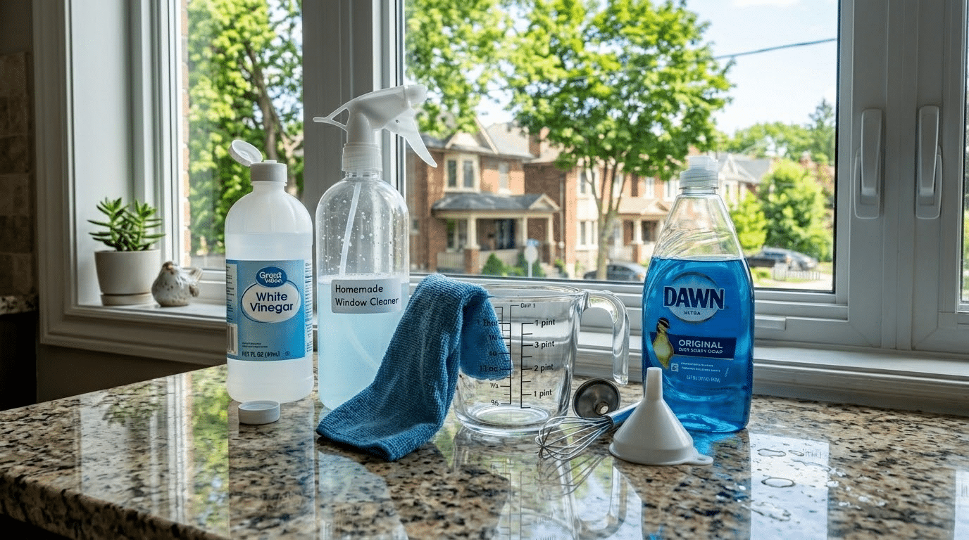 White vinegar, Dawn dish soap, and a glass measuring cup arranged on a granite countertop to mix a homemade window cleaning solution.
