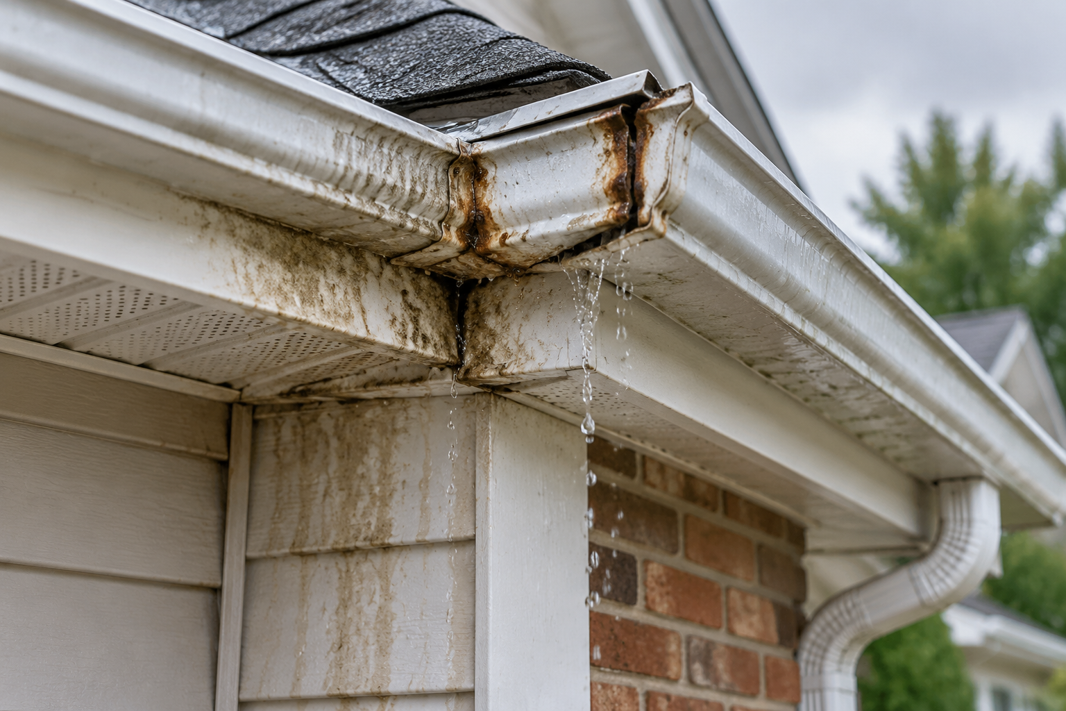 Leaking gutter corner with rust, water stains, and dripping rainwater showing early signs of gutter damage