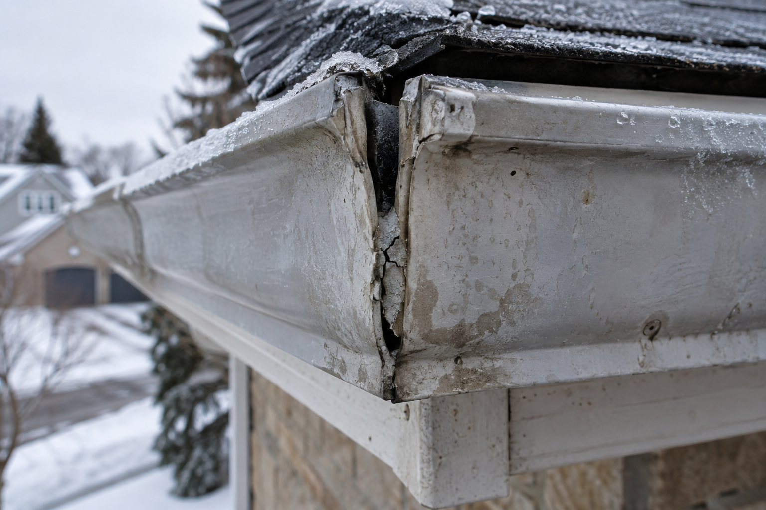 Cracked aluminum gutter corner with separated seam caused by winter ice damage and weather exposure