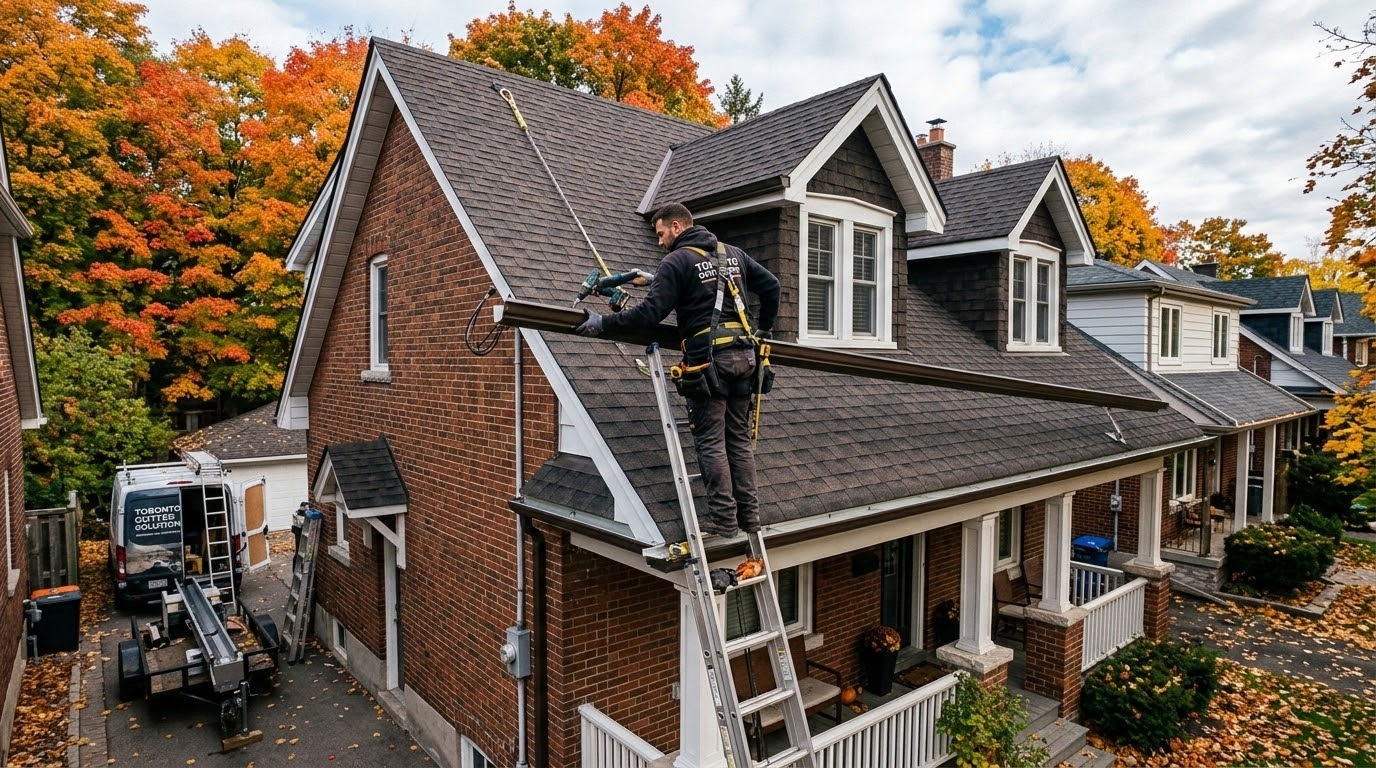 Professional gutter installation on a detached Toronto home with a seamless aluminum eavestrough system being fitted along the roofline.