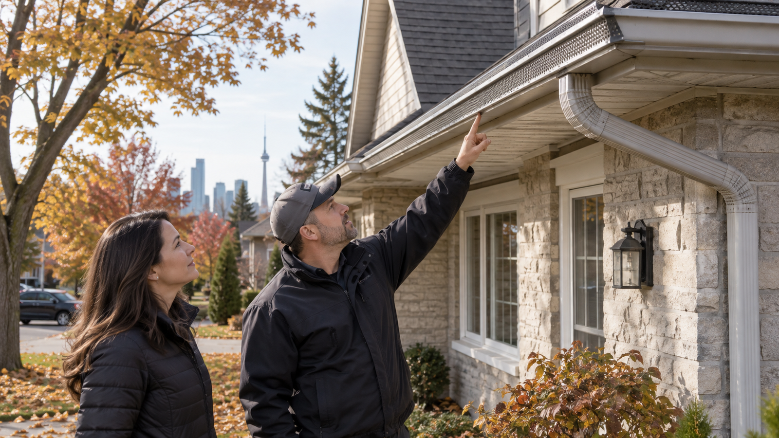 gutter guards installed on a Toronto home with homeowner and technician