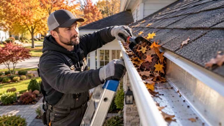 Technician clearing autumn leaves and debris from a residential eavestrough in Toronto during professional eavestrough cleaning.