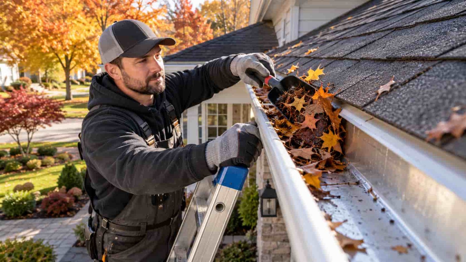 Technician clearing autumn leaves and debris from a residential eavestrough in Toronto during professional eavestrough cleaning.