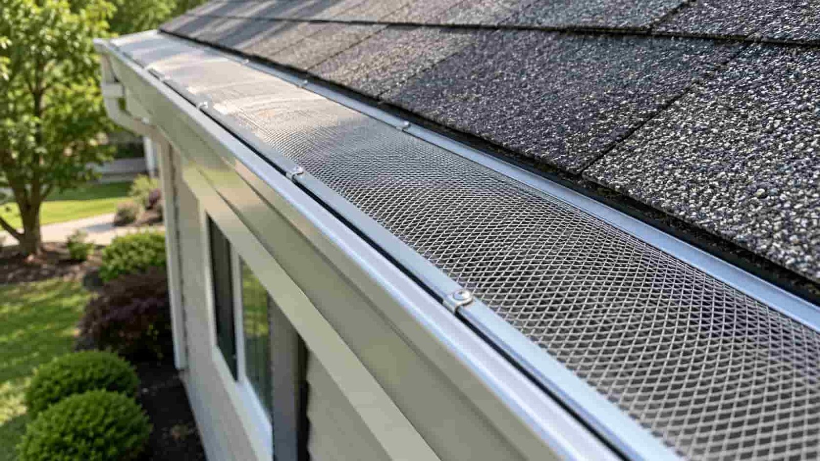 Mesh gutter guard installed on a residential eavestrough in Toronto, showing a long-term solution that supports eavestrough cleaning and maintenance.