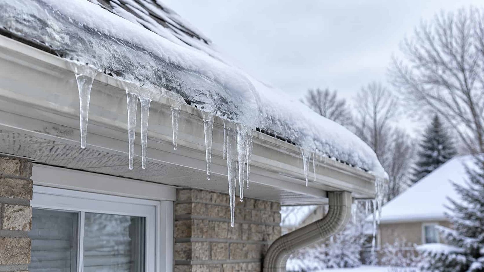 Professional eavestrough cleaning in Toronto removing leaves and debris from residential gutters to maintain proper water drainage.