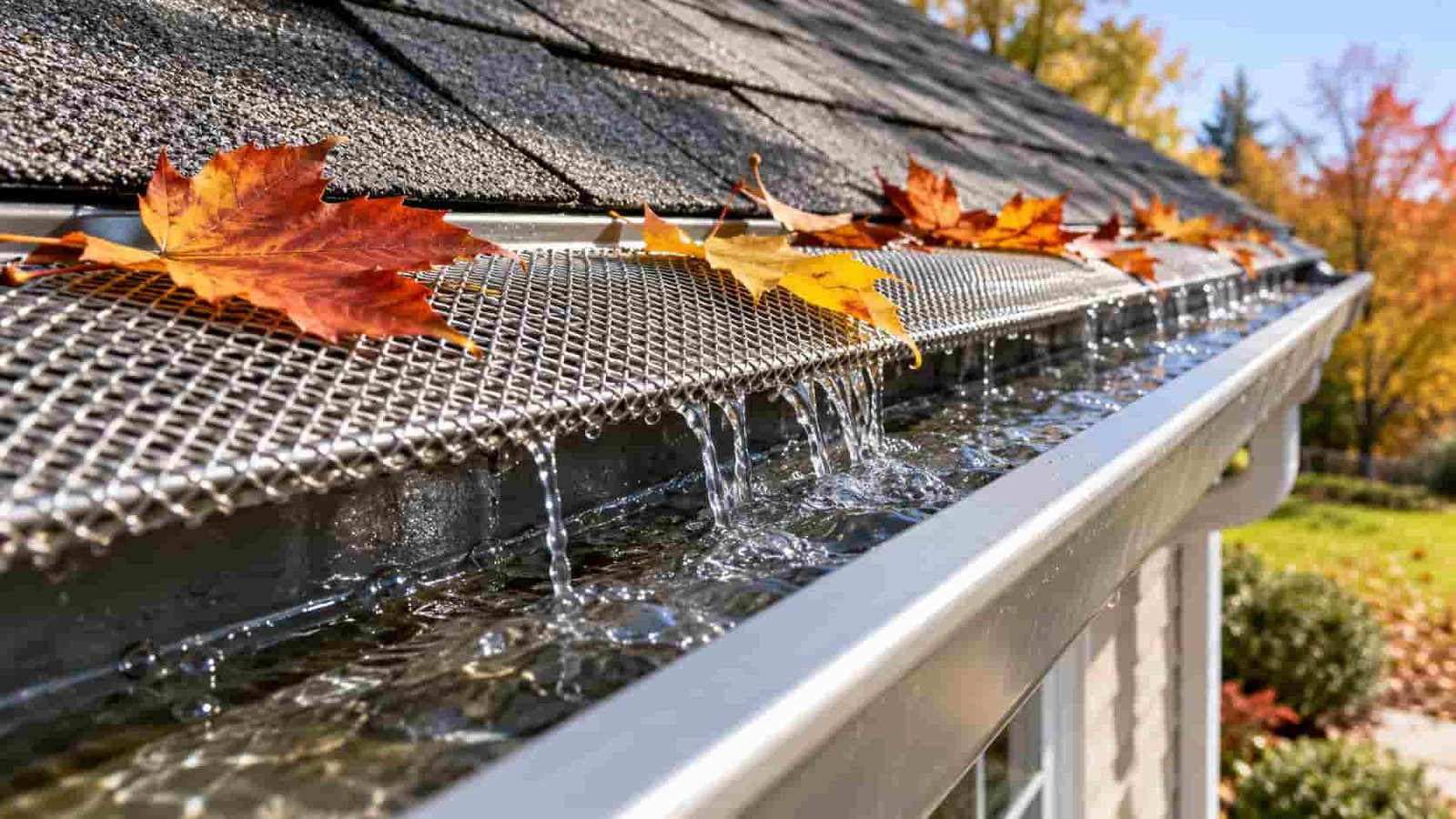 Mesh gutter guard installed on a residential eavestrough in Toronto with autumn leaves on top and clean water flowing through underneath.