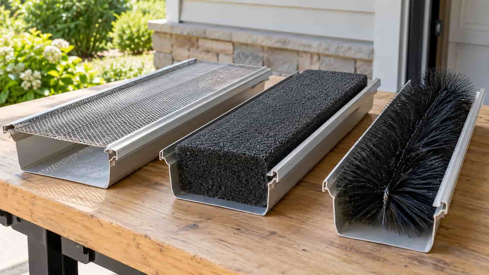 Different types of gutter guards including mesh screen, foam insert and brush guard for gutter guard installation in Toronto