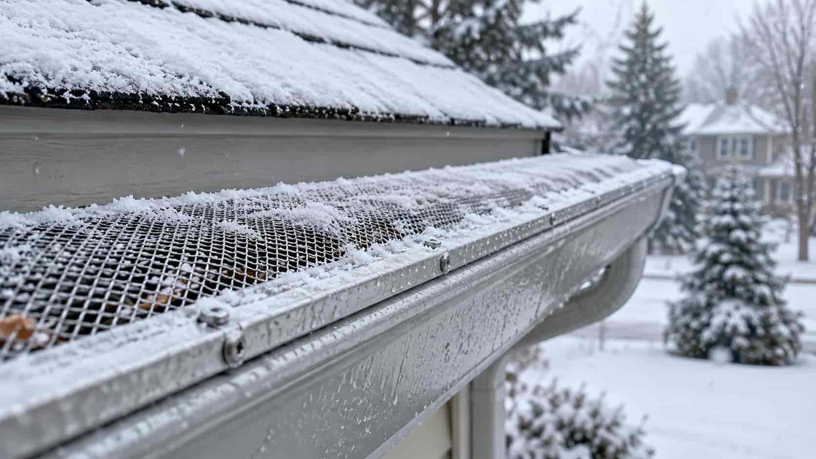 Snow-dusted residential eavestrough with a mesh gutter guard in winter, showing gutter guard installation in Toronto for cold-weather performance.