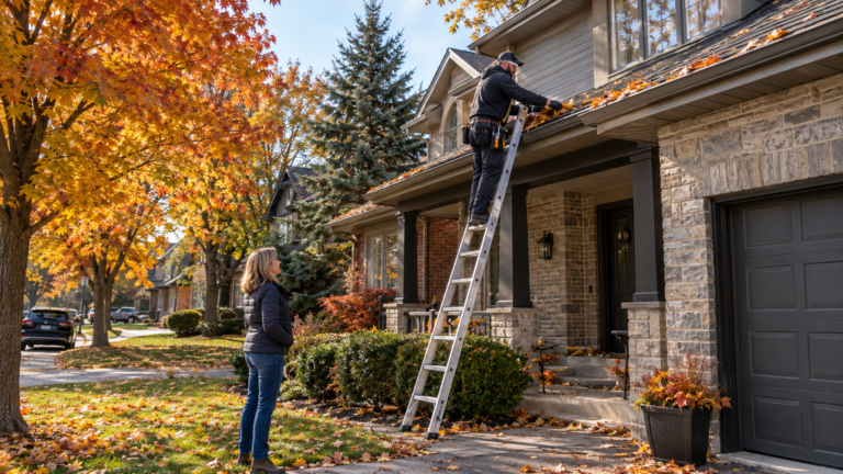 professional gutter cleaning service on a Toronto home during autumn