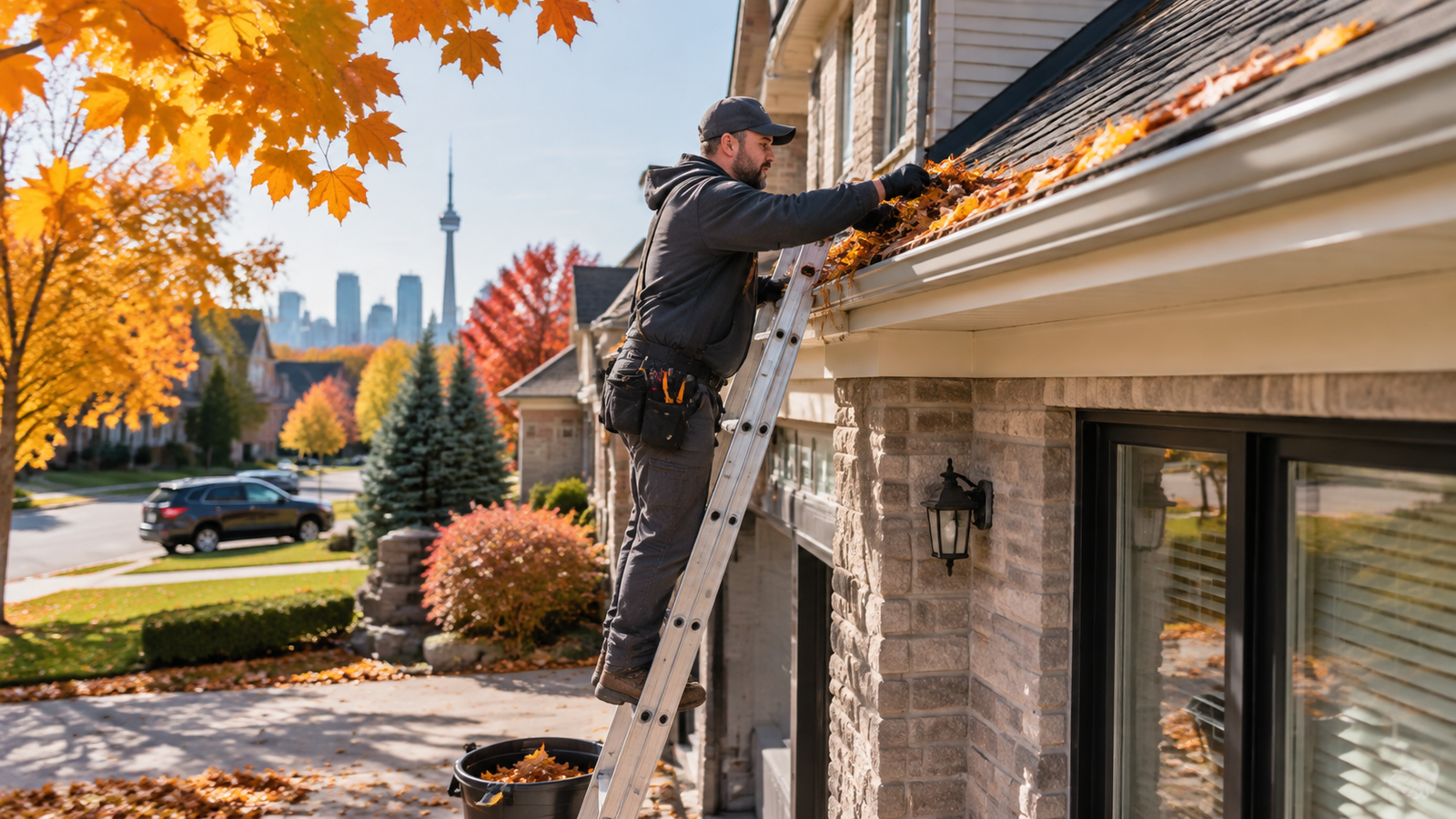 professional gutter cleaning on a Toronto home during autumn