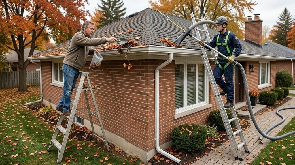 Professional gutter cleaning technicians servicing a Toronto home