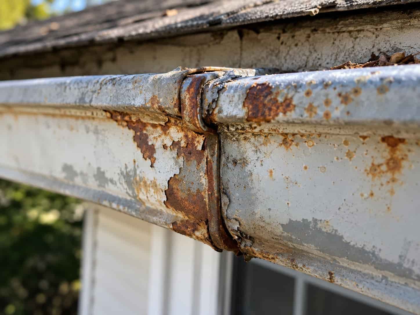 Close-up of a rusty gutter joint showing corrosion, flaking paint, and metal damage that indicates gutter repair is needed