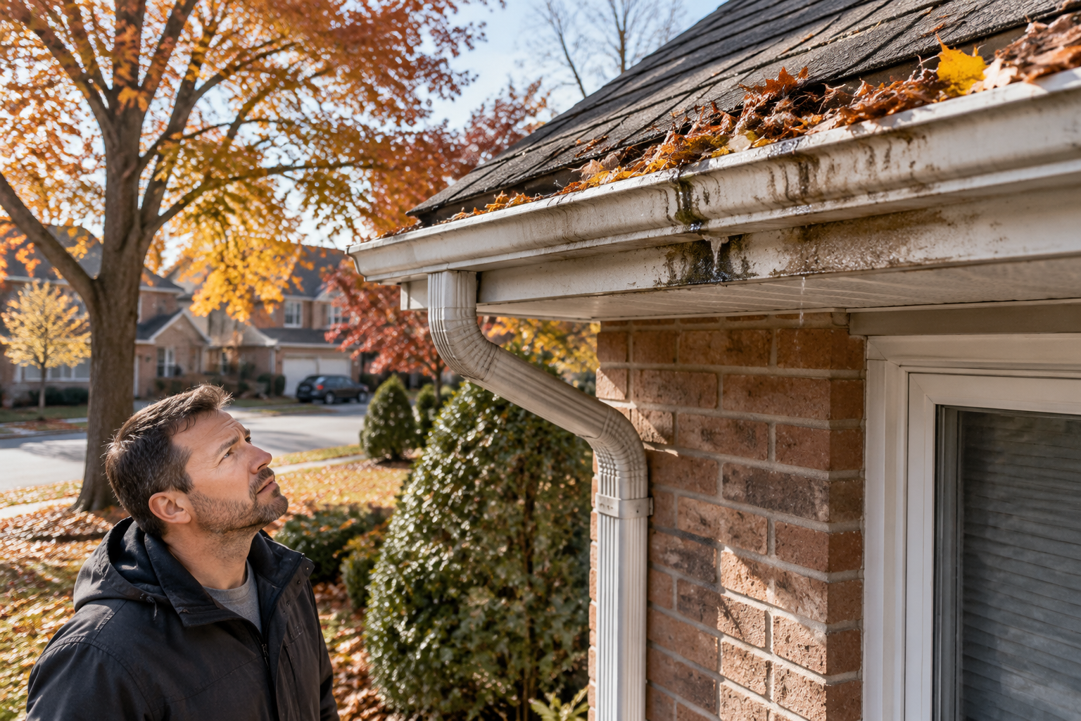 clogged gutters with leaves and debris showing signs of cleaning needed on a Toronto home