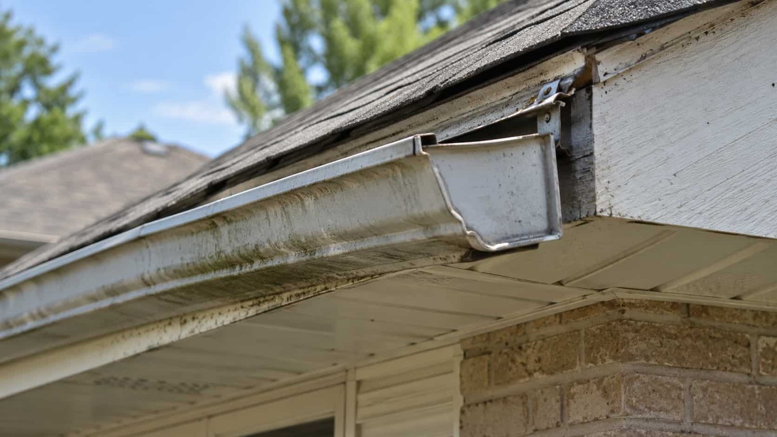Sagging eavestrough pulling away from a house showing signs of gutter damage requiring repair