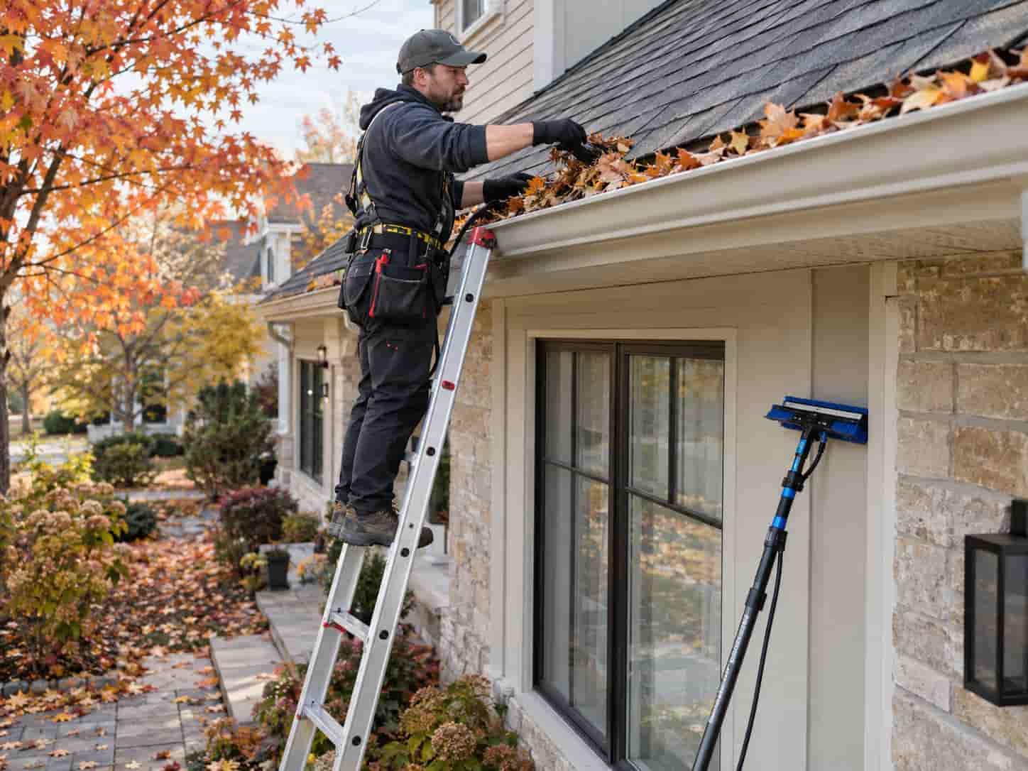 Technician clearing debris from a residential eavestrough in Toronto with a window cleaning tool nearby during a combined exterior cleaning visit.