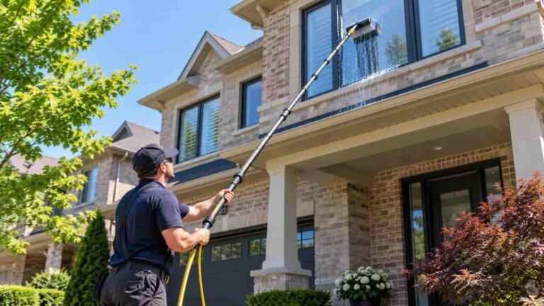 Professional window cleaning in Toronto using a water-fed pole to clean exterior second-story windows of a residential home.