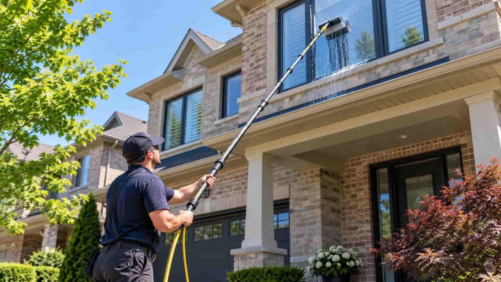 Professional window cleaning in Toronto using a water-fed pole to clean exterior second-story windows of a residential home.