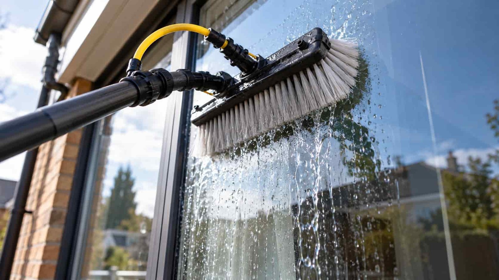 Close-up of a water-fed pole brush cleaning an exterior window during professional window cleaning in Toronto.