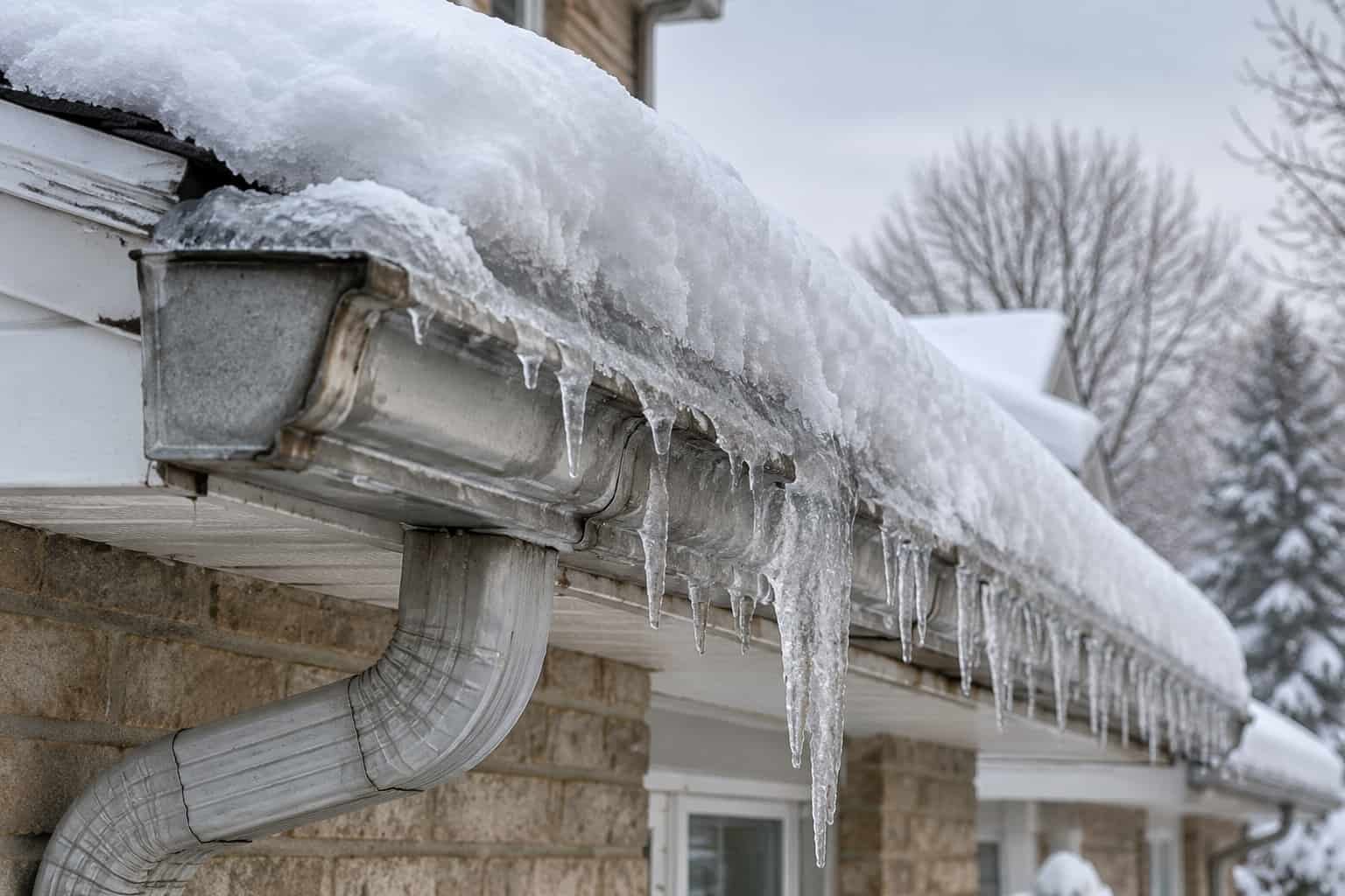 Snow-covered gutter with heavy ice buildup showing winter stress and freeze-thaw damage on a residential eavestrough system