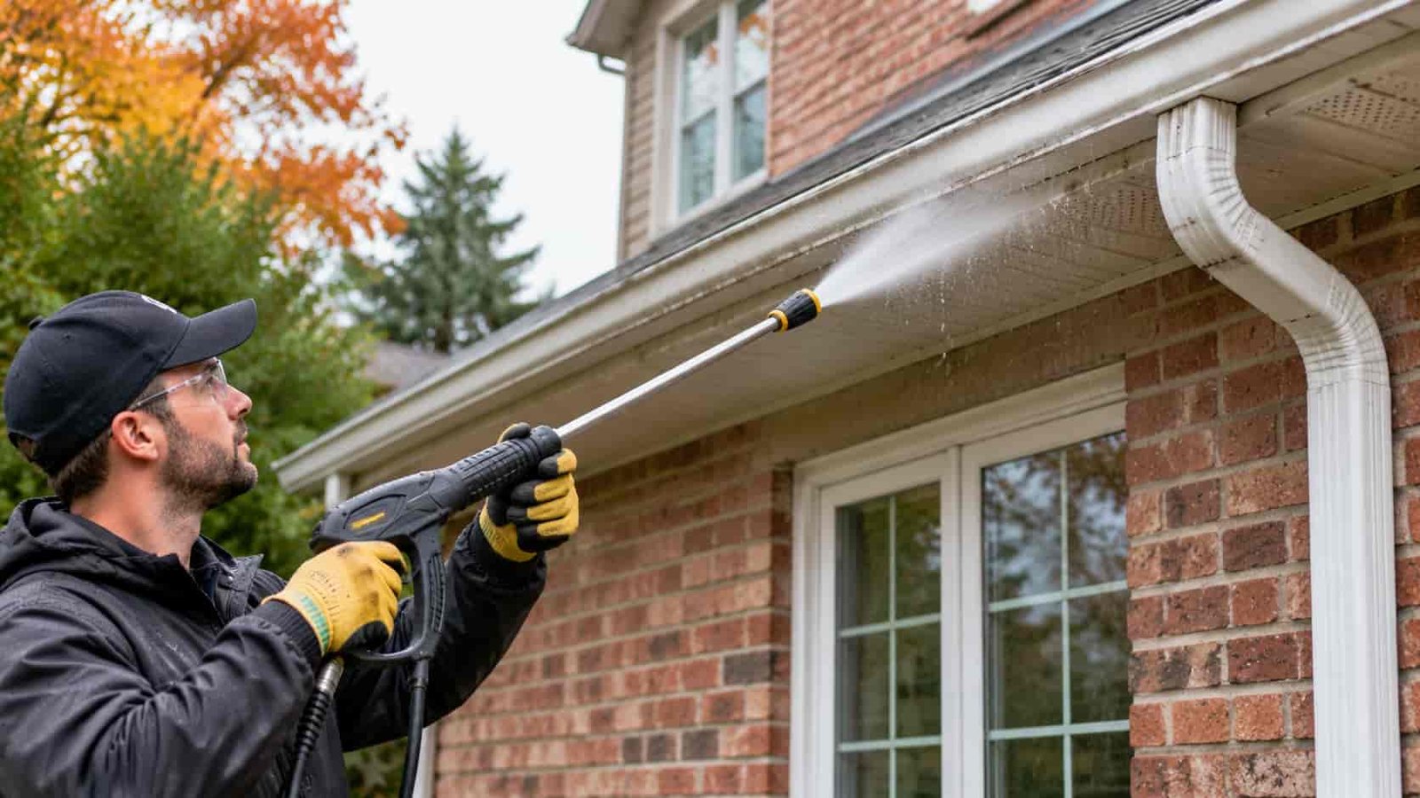 Gutter cleaning mistakes to avoid when pressure washing aluminum eavestroughs on a brick house.