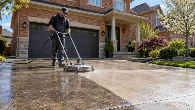 Technician power washing a concrete driveway with a rotary surface cleaner outside a two-storey brick home in Toronto.