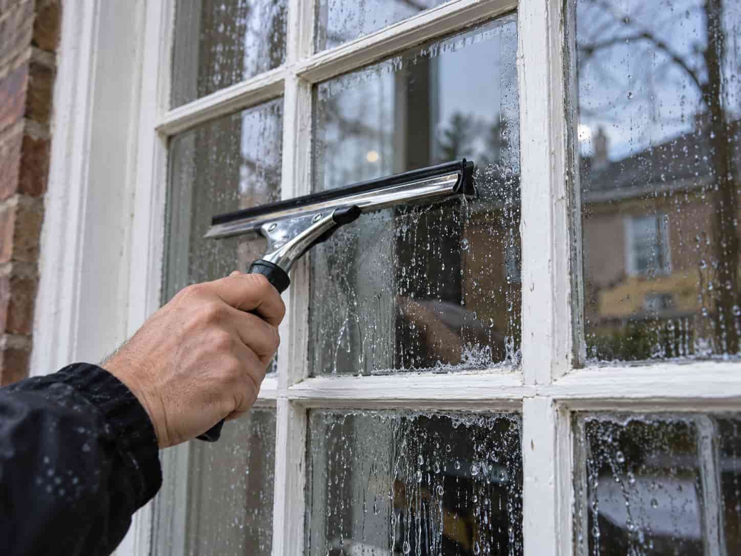 Technician squeegeeing a divided lite window with white wooden grids on an older Toronto house