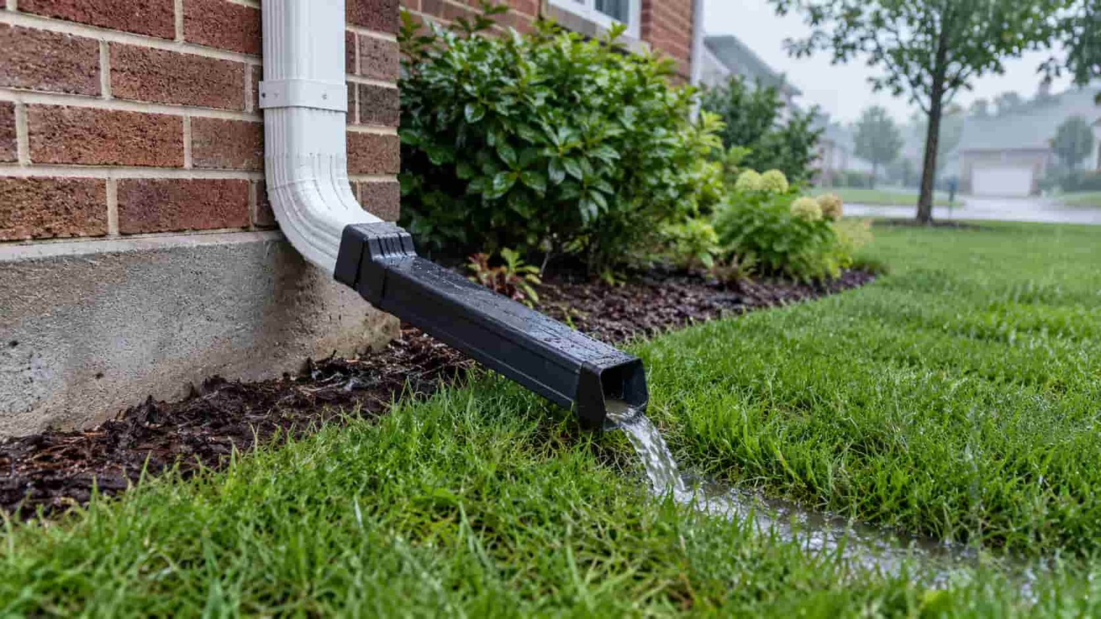 Downspout extension directing rainwater away from a brick house foundation onto the lawn
