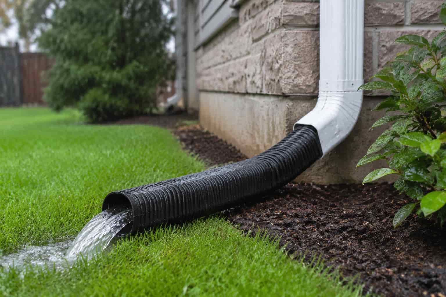 Downspout extension carrying rainwater away from a house foundation onto a wet lawn