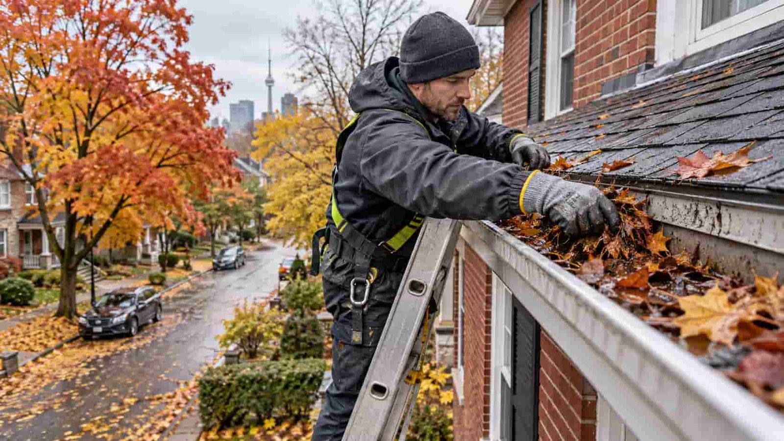 Technician cleaning wet autumn leaves from an eavestrough on a two-storey Toronto brick house