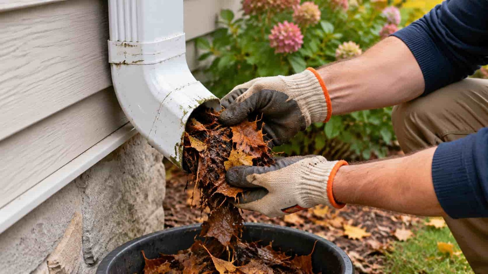 Gutter cleaning mistakes caused by clogged downspouts filled with wet autumn leaves.