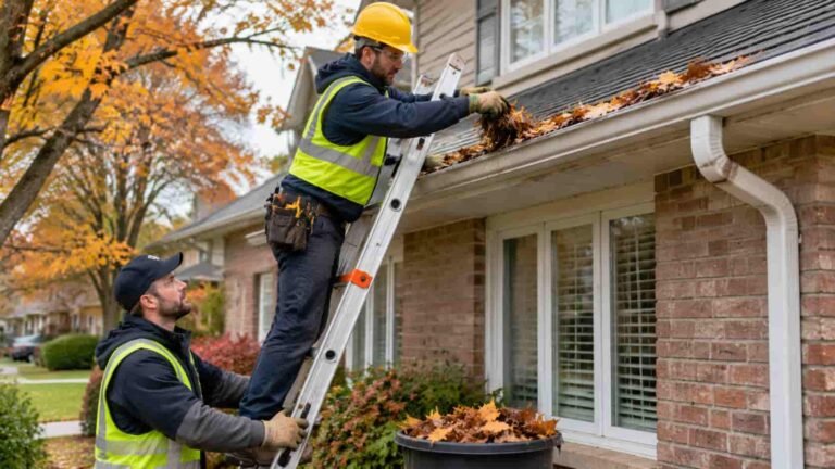 Gutter cleaning mistakes to avoid when safely removing autumn leaves from a house gutter using a ladder.