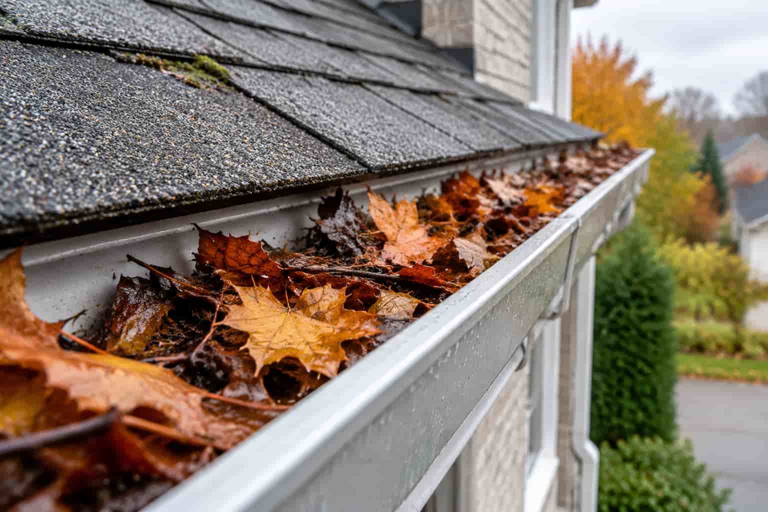 Aluminum gutter filled with wet autumn leaves and twigs along a residential roof