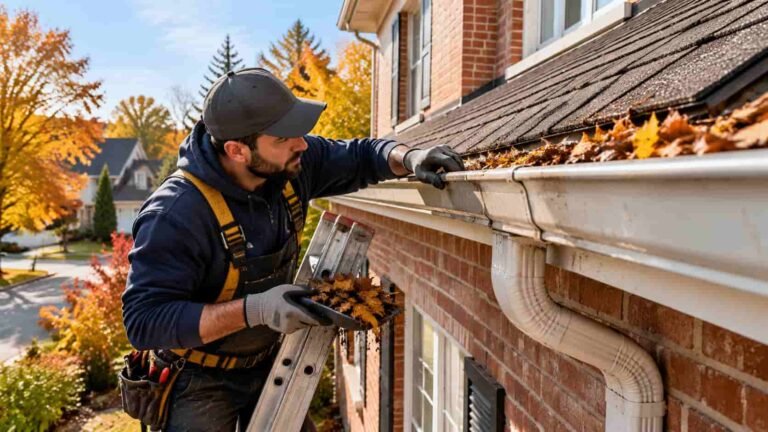 Technician inspecting a residential eavestrough and removing autumn leaves from a Toronto brick house