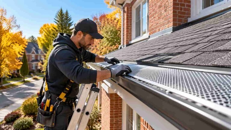 Technician installing a metal mesh gutter guard on a Toronto brick house