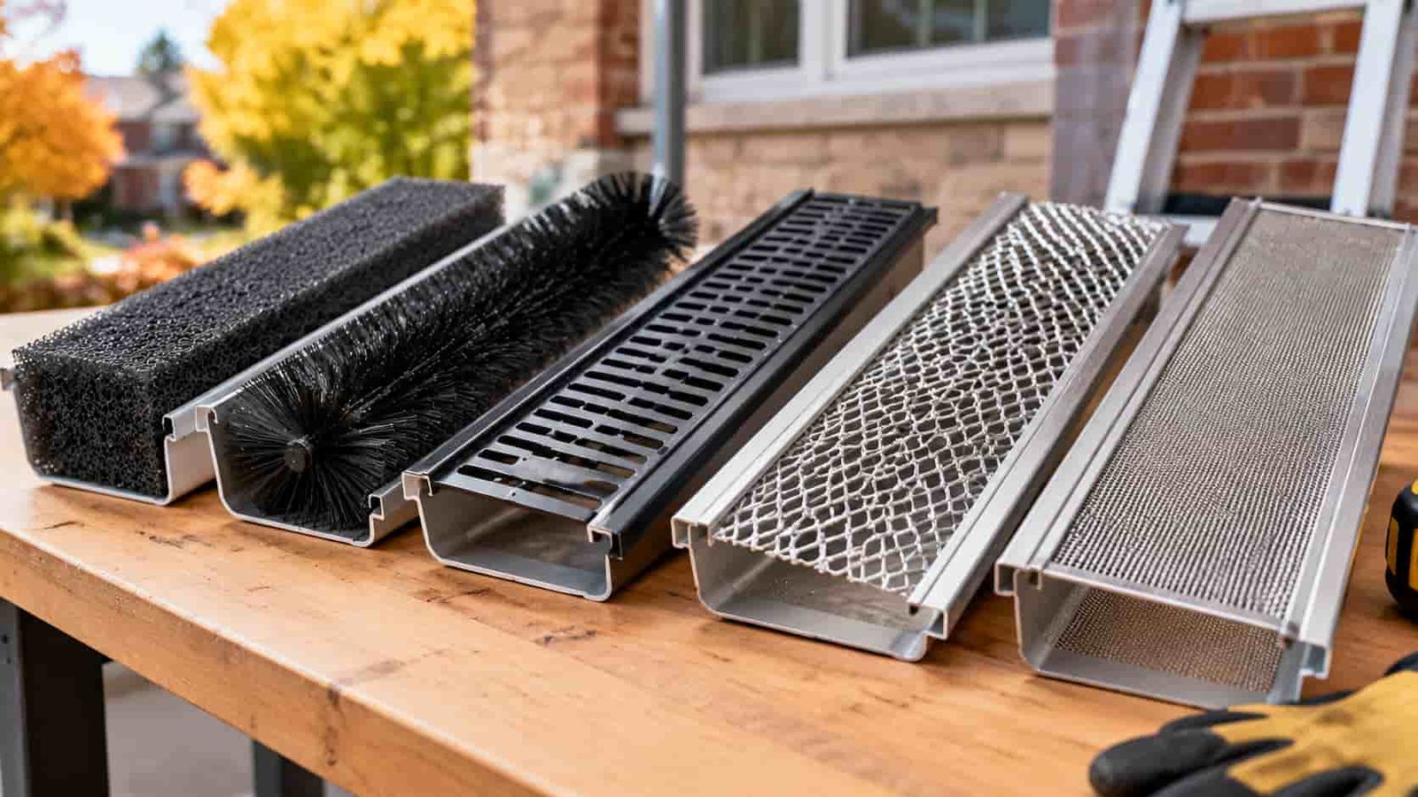 Different gutter guard types including foam, brush, plastic screen, aluminum mesh and stainless steel micro-mesh