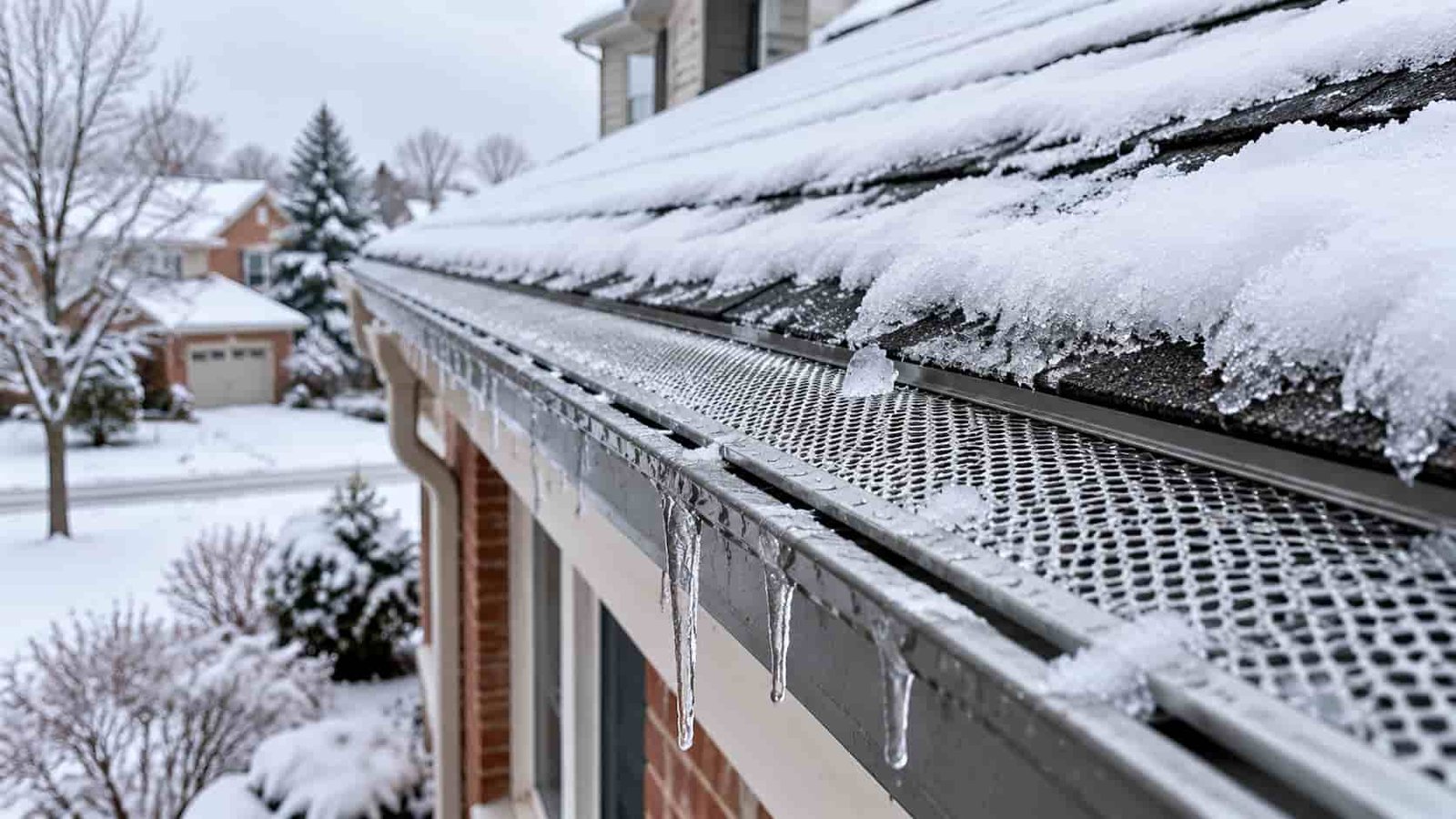 Metal mesh gutter guard with snow and icicles on a Toronto home's roof edge