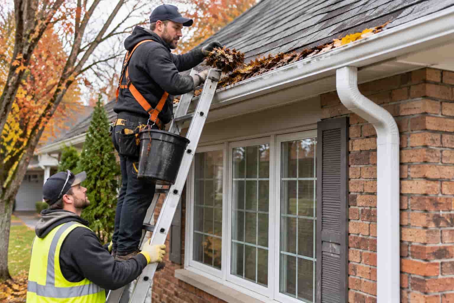 Worker clearing autumn leaves from a residential gutter while a helper steadies the ladder