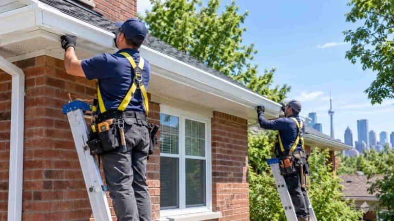 Professional seamless aluminum gutter installation on a Toronto home.