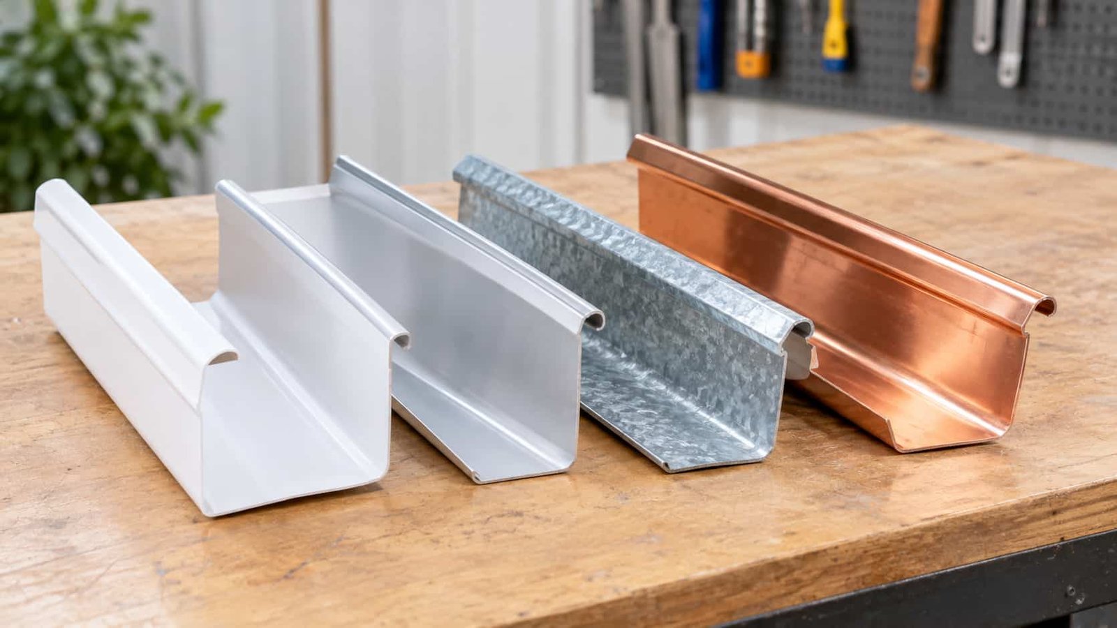 Vinyl, aluminum, galvanized steel and copper gutter materials compared side by side