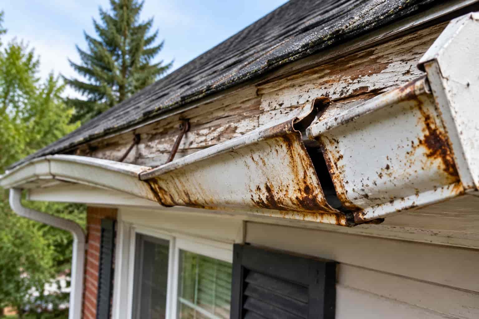 Rusted gutter sagging away from a weathered fascia board with a visible gap at the seam