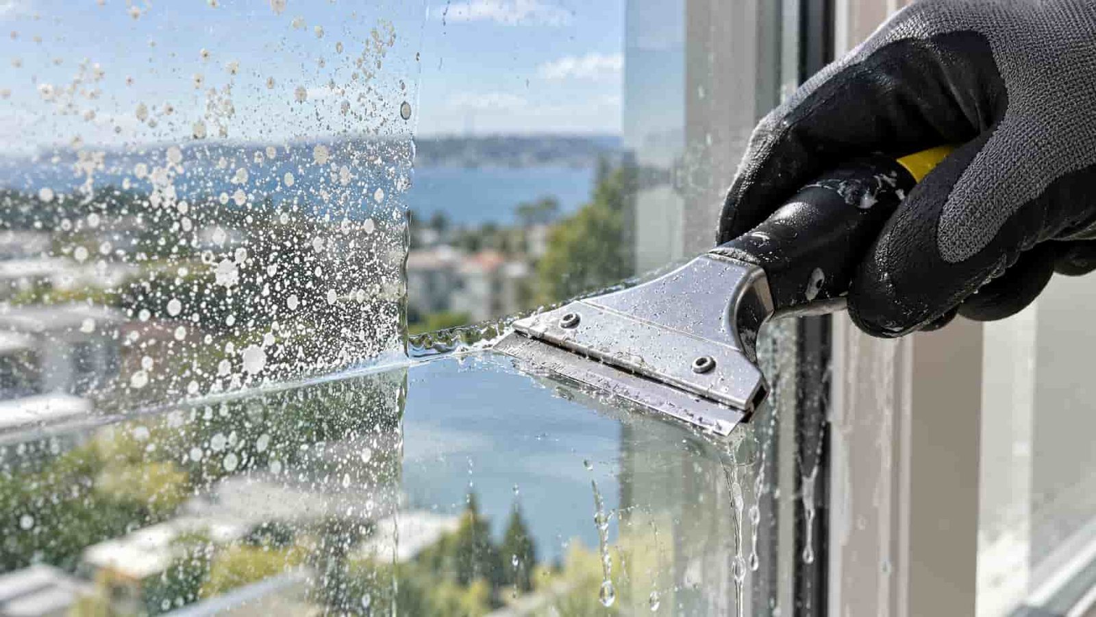 Gloved hand using a razor scraper to remove paint overspray from wet window glass.