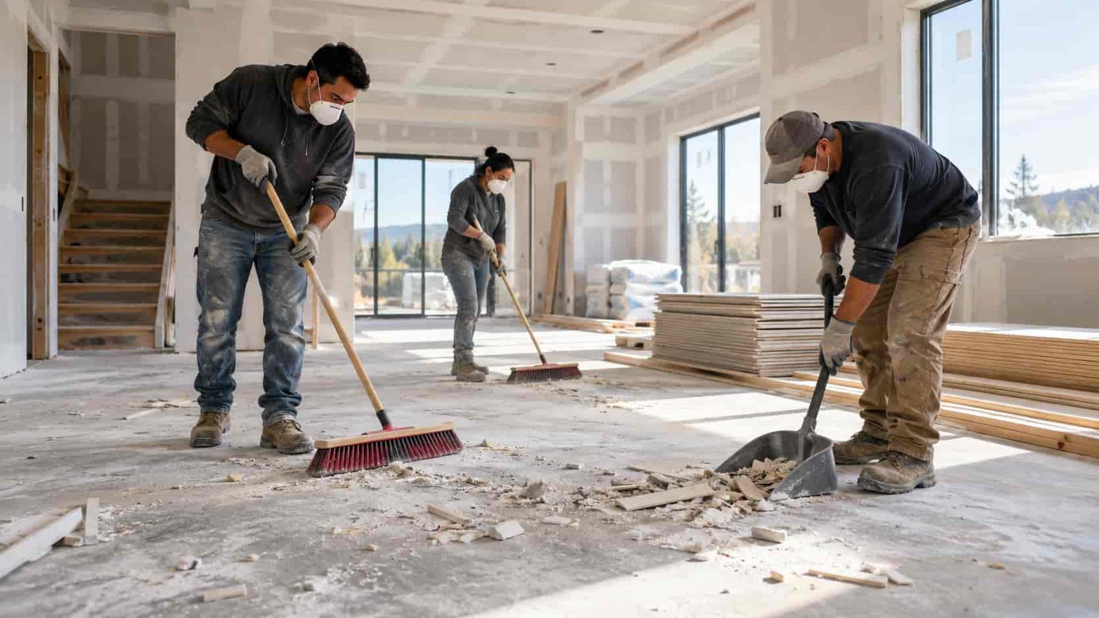 Cleaning crew sweeping construction debris inside a newly built house with fresh drywall and stacked materials.