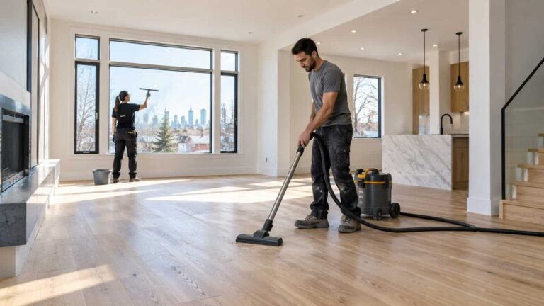 Technicians cleaning a large window and vacuuming hardwood floors in a newly renovated Toronto home.