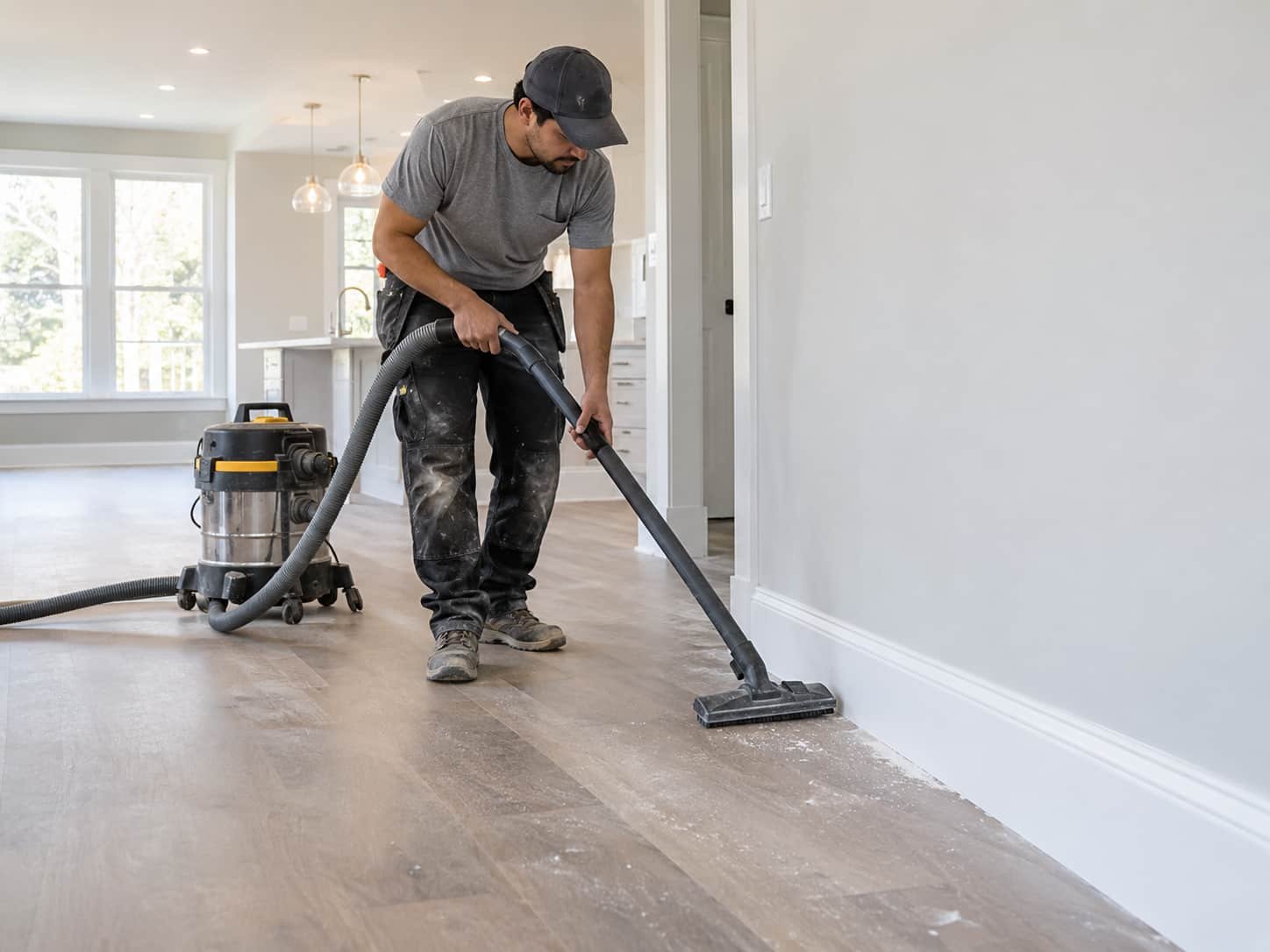 Cleaning technician vacuuming fine construction dust from floor near a newly installed baseboard
