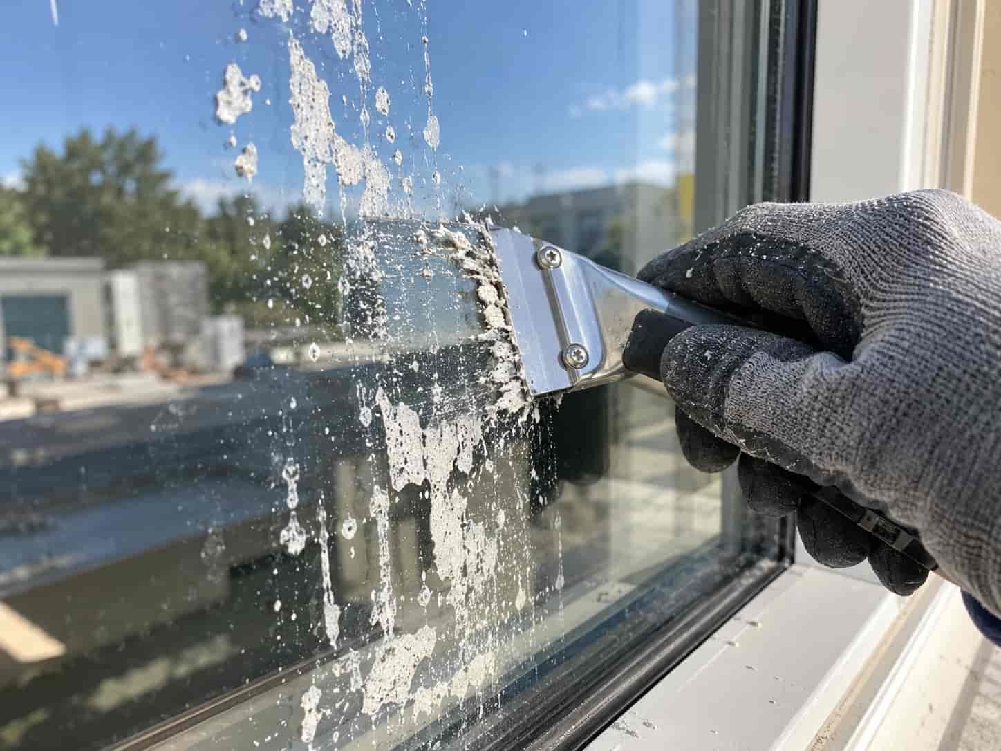 Technician using a razor scraper to remove dried paint residue from a construction window
