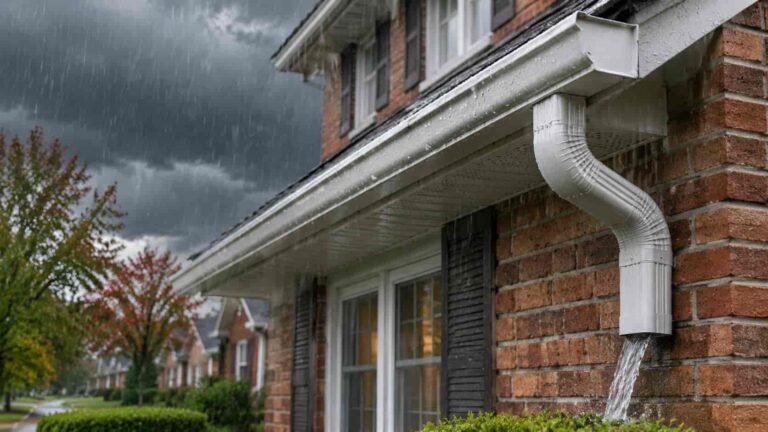 Clean eavestrough and downspout draining rainwater on a brick house during a Toronto storm