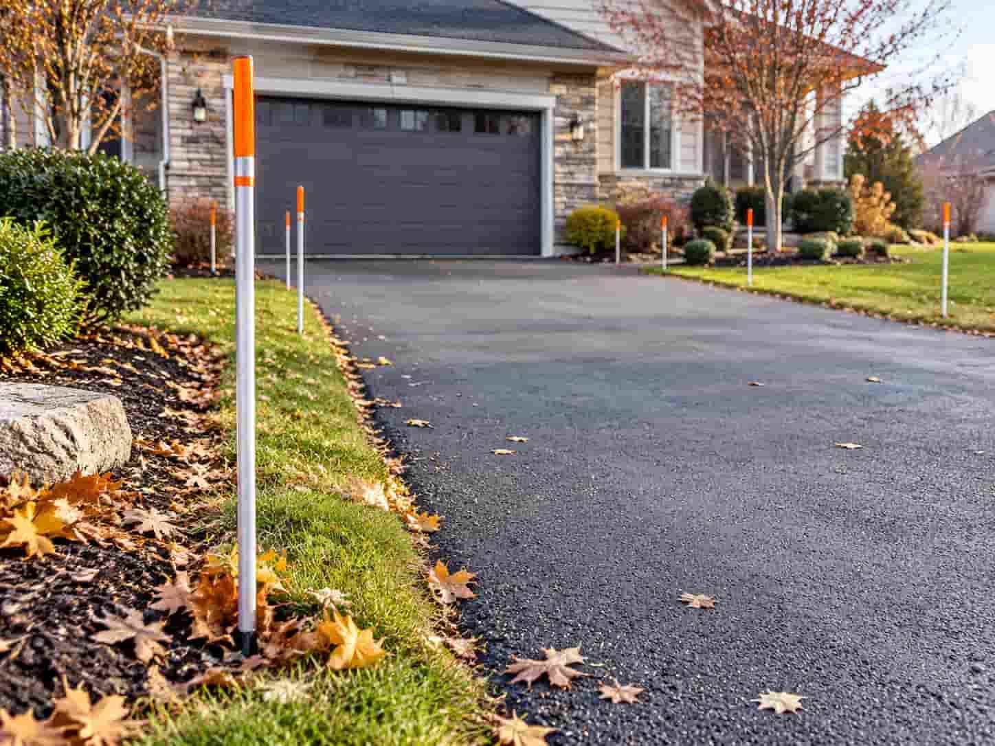 Reflective snow stakes placed along a residential driveway before winter snowfall